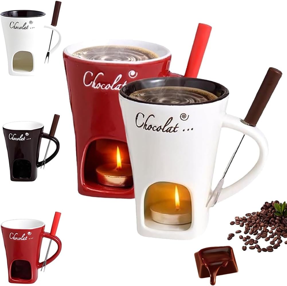 ELEGY Sweet Fondue Cup, Chocolate Fondue Pot Set, Chocolates Melting Pot with Fork, Mini Cheese Candy Melts Mug for Dipping, Small Ceramic Chocolate Warmers Kit for Date Night and More(Red+White)