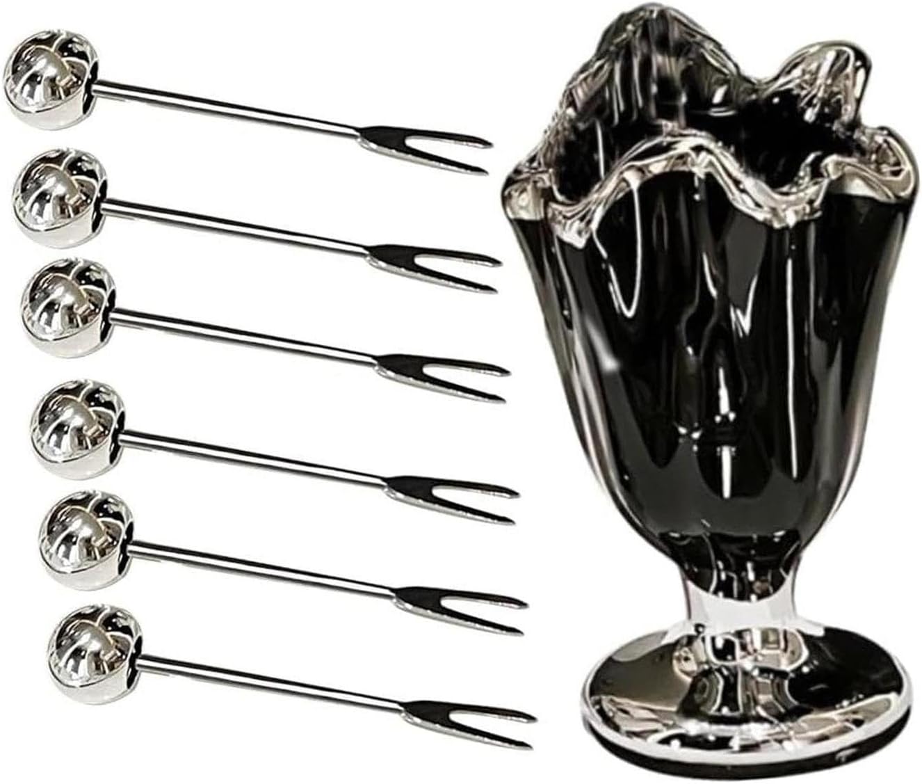 Fruit Forks Set, Appetizer Forks, Tableware Decorative Cute Food Pick Fork with Holder for Dining Table Kitchen Home Picnic, Black