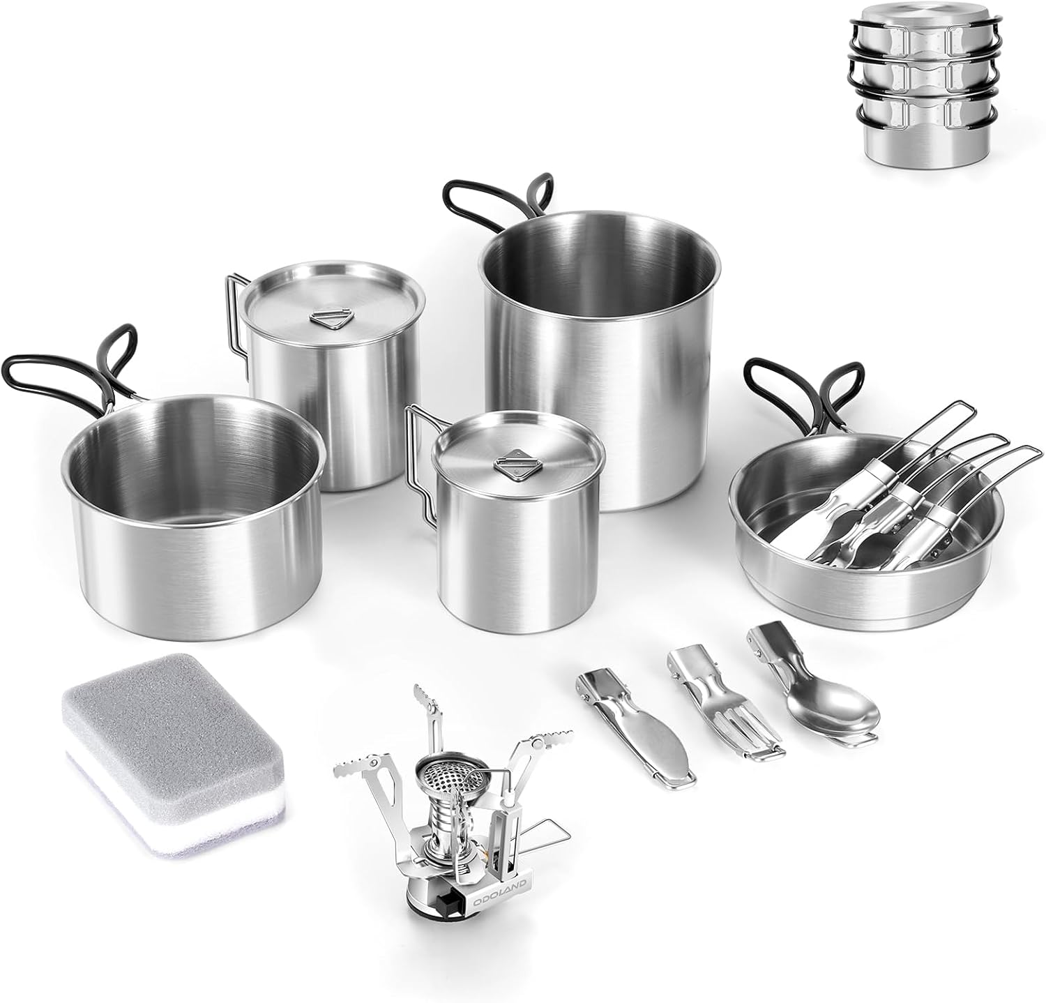 Odoland 13pcs Stainless Steel Camping Cookware Camping Pots and Pan Set with Portable Camping Stove Camping Mess Kit with Cups Forks Knives Spoons for Hiking Backpacking and Picnic