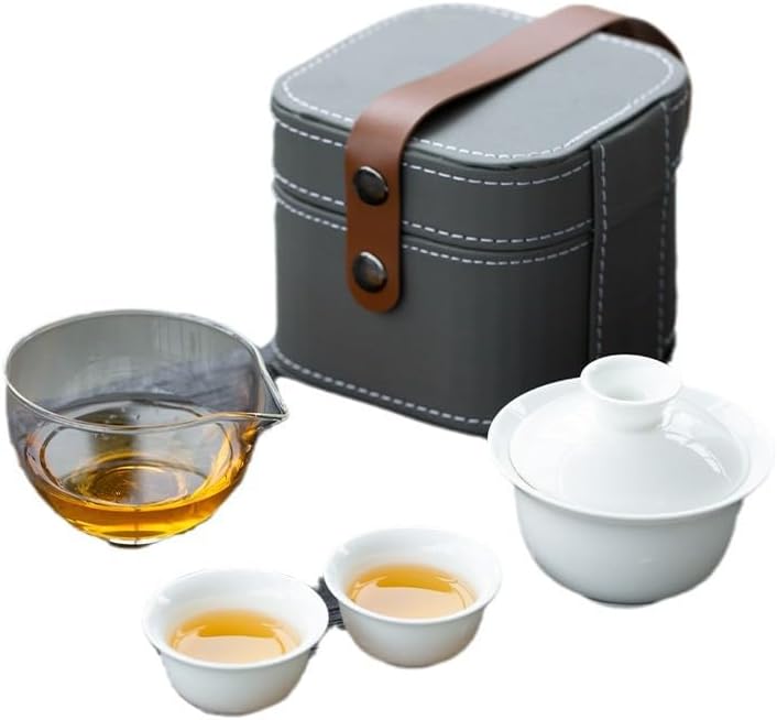 Portable Travel Tea Set, 1 Pot 2 Cups Porcelain Teacups with Tea Portable Bag for Outdoor Picnic,Travel, M, White