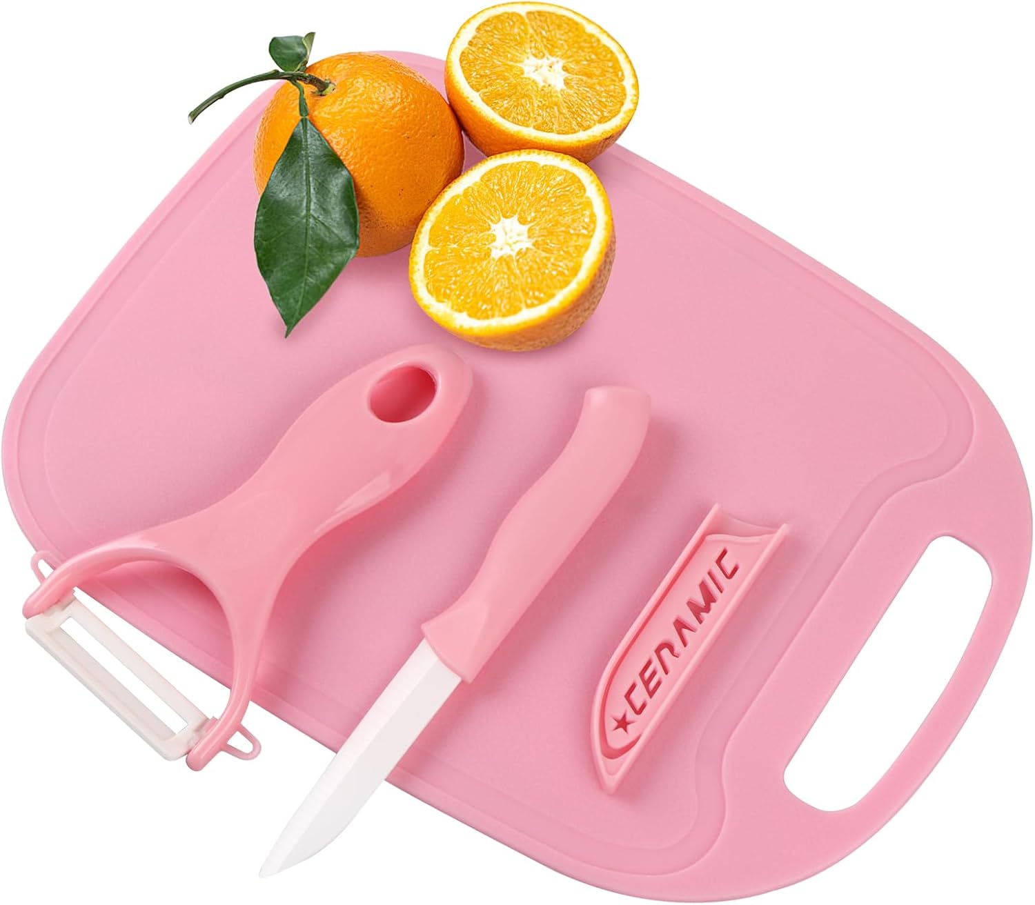 Travel Kitchen 3 in1 Little Set, XOOBIU Ceramic Peeler, Ceramic Fruit Knife, Cutting Board, for Small Kitchen Spaces，Travel, Picnic, Camping (pink)