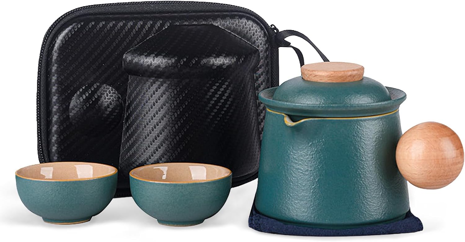fanquare Travel Ceramic Tea Pot Set Chinese Tea Mug with Ball Handle, Infuser, 2 Small Cups and Portable Bag for Home Outdoor Trip, Cute Tea Service for Picnic, Green