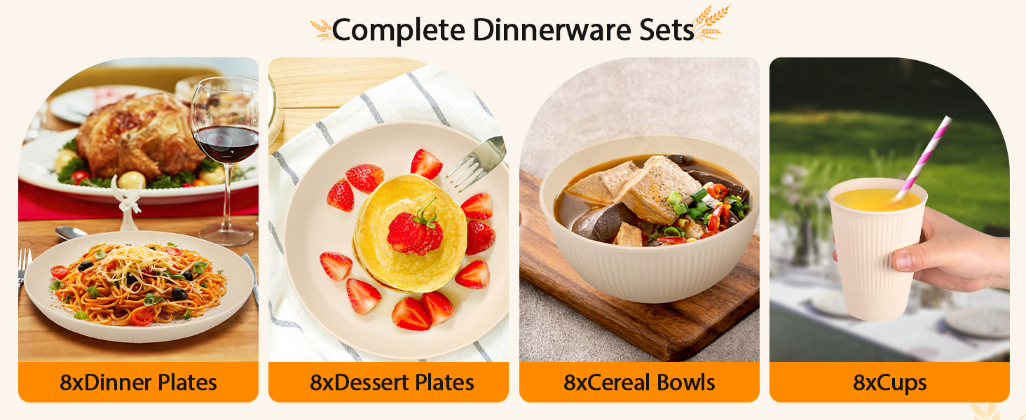"Complete Dinnerware Sets:  8xDinner Plates, 8xDessert Plates, 8xCereal Bowls, 8xCups"