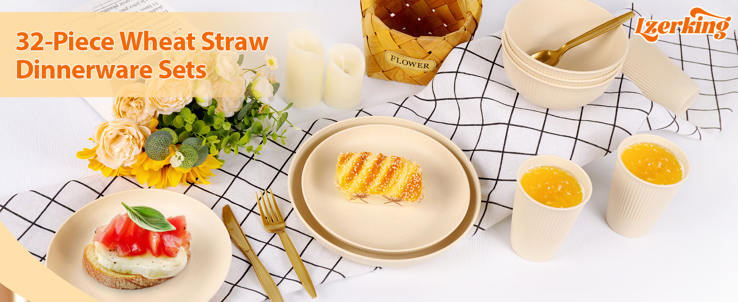 32-Piece Wheat Straw Dinnerware Sets