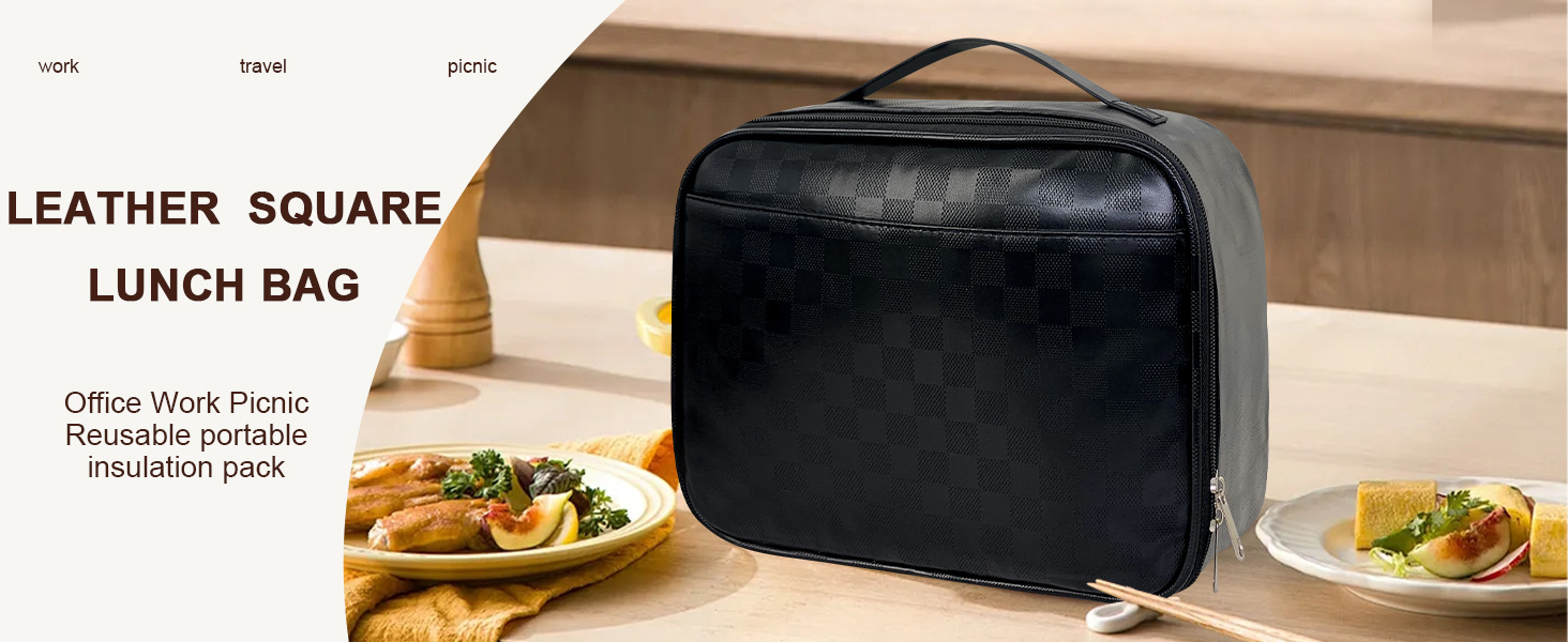 Mziart Black Lunch Bag PU Leather Lunch Box for Women Men