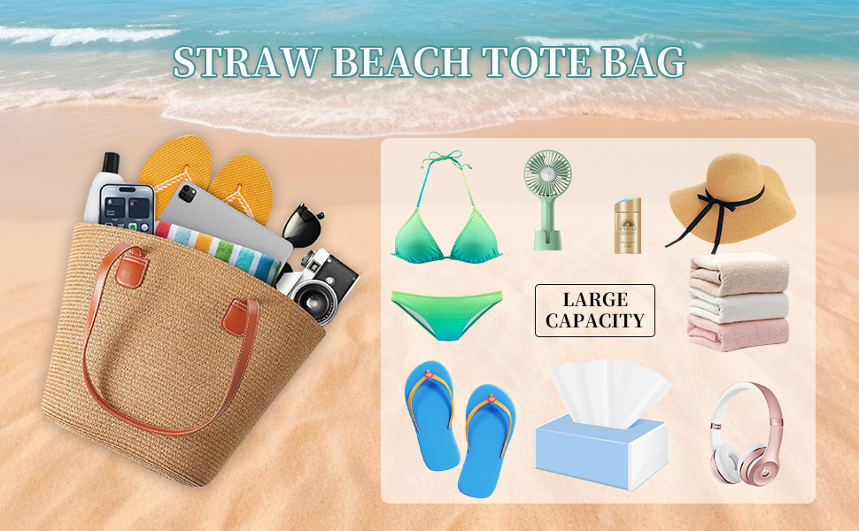 Straw Beach Bag - Womens Crossbody Shoulder Vacation Purse for Summer